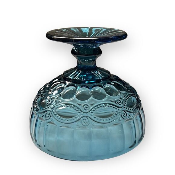 Vintage Embossed Blue Glass Pedestal Dessert, Ice Cream, Candy Dish - Picture 2 of 10